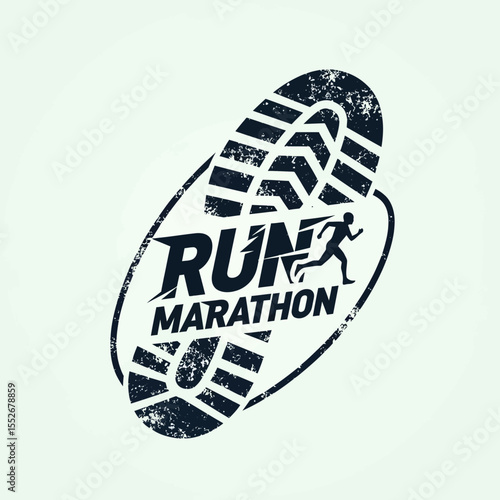 Grunge style marathon running logo with shoe print and runner silhouette in black