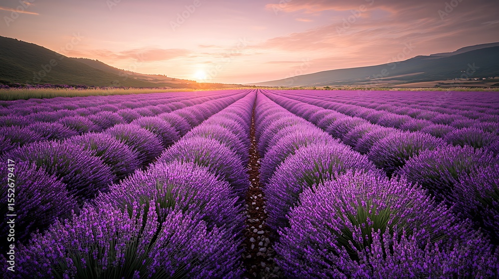 Obraz premium Lavender field stretching to the horizon under a soft purple sunset