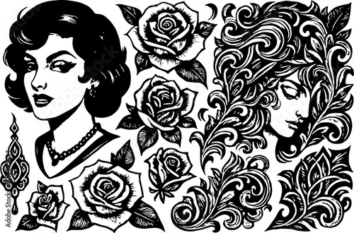 Skulls, Roses, and Tribal Tattoo Elements Set Tattoo Flash Elements Vector Bundle