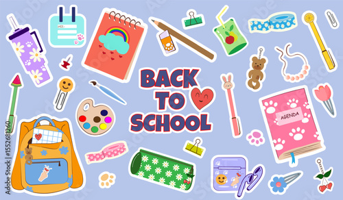 Colorful "Back to School" Set of school supplies and education stickers with cute school supplies, stationery, and playful design elements. Perfect for kids, promotions, and educational campaigns. 