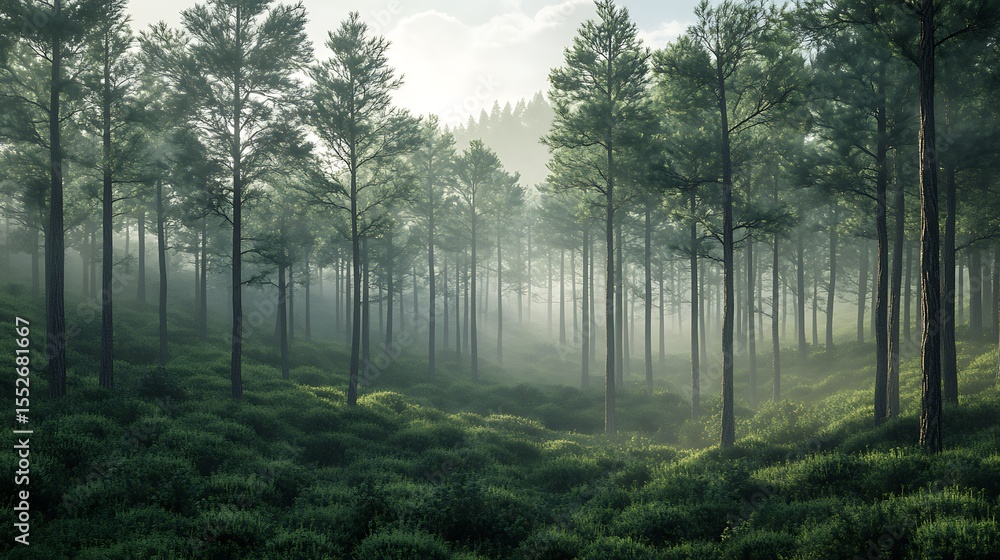 Obraz premium Lush green forest with morning mist covering the tall pine trees