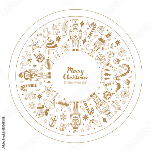 Сhristmas circle composition in Scandinavian style with traditional Christmas and New Year elements. Сute motifs from the ballet Nutcracker. Vector template. Retro design. Gift boxes