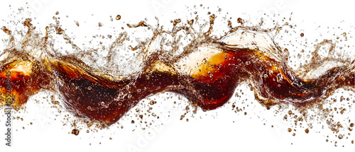 Dynamic wave of refreshing cola liquid splashes against a stark transparent background creating an energetic beverage design element.