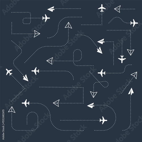 Airplane and hand drawn paper routes. Travel icon and dotted line tracing collection.