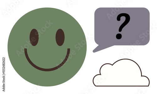 Green happy face, speech bubble with question mark, and a cloud outline. Ideal for communication, emotions, curiosity, mindfulness, imagination positivity collaboration. A simple flat metaphor