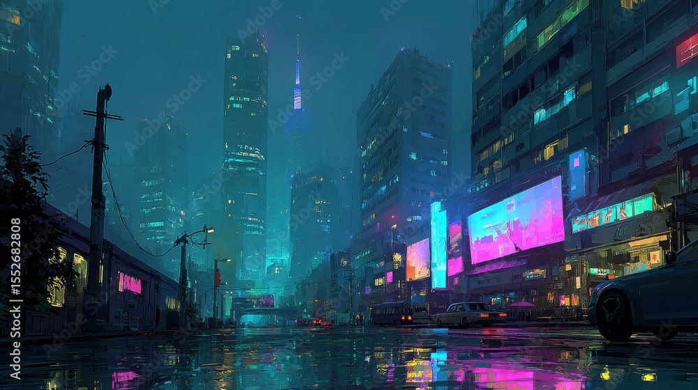 Dynamic Industrial Cityscape at Night with Towering Buildings Bathed in Holographic Advertising Evoking a Sense of Urban Excitement Dynamic Industrial Cityscape at Night with Towering Buildings Bathed in Holographic Advertising Evoking a Sense of Urban Excitement