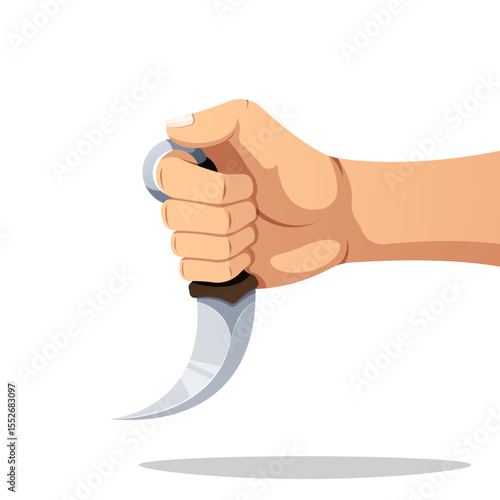 Karambit knife in hand. Hand hold karambit knife isolated on white background.