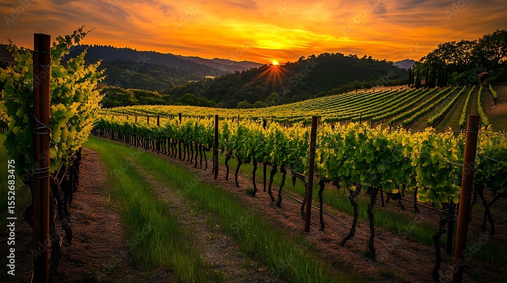 Fototapeta premium Lush vineyard with rolling green rows of grapevines under a golden sunset