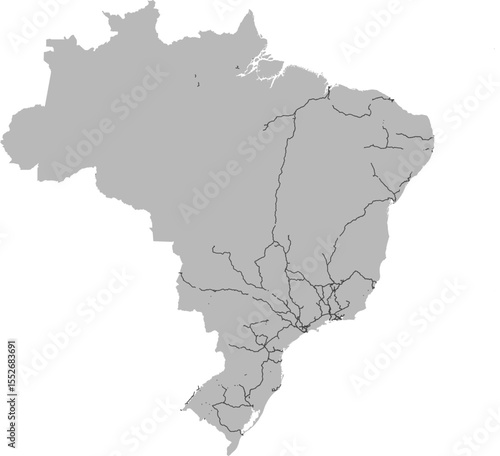 Brazil vector map of the railway network with country boundary (Web Mercator projection, PPT-compatible & fully editable)