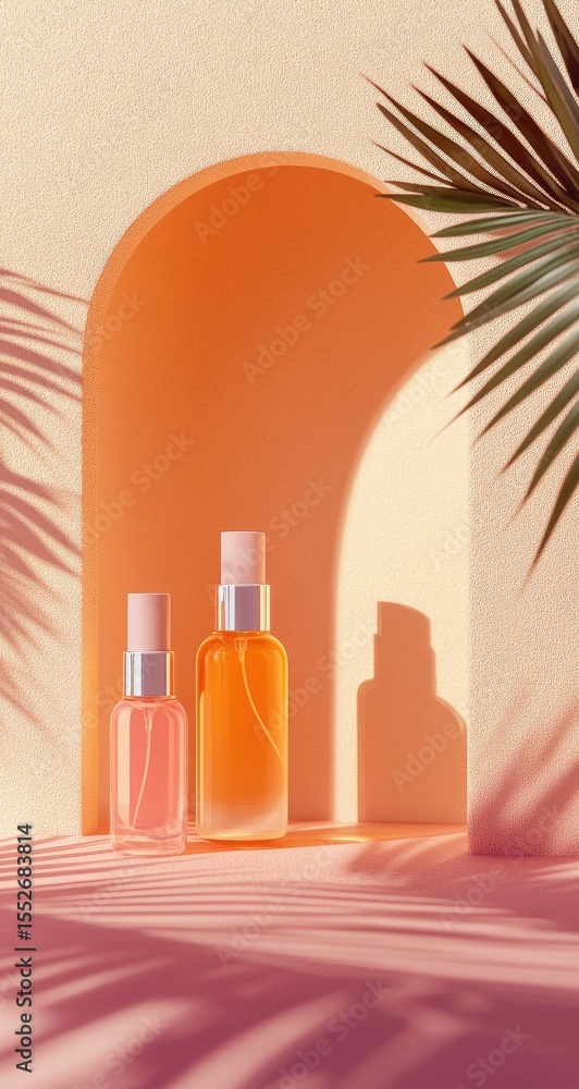 Cream and oil bottles, archway, sunlight, shadows Cream and oil bottles, archway, sunlight, shadows