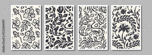Ink brush abstract floral pattern for poster or card design set. Black and white minimalist doodle nature background bundle for social media or wall art. Vector illustration.