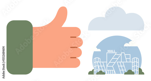 Hand showing thumbs-up near modern mall surrounded by greenery and clouds. Ideal for retail, customer satisfaction, urban planning, approval, growth, marketing, communication. A simple flat metaphor