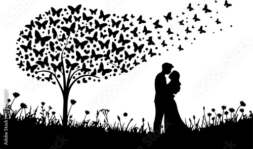 Love Tree with Butterflies Silhouette vector