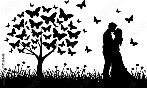 Love Tree with Butterflies Silhouette vector