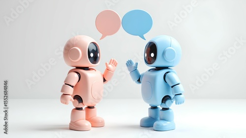 Two friendly pink and blue robot characters waving and talking with speech bubbles. A 3D concept of AI chatbot dialogue, communication, and partnership on a minimalist background w
