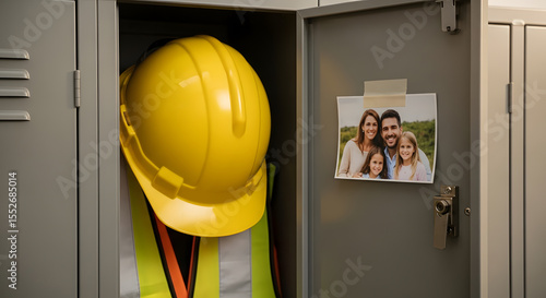 Industrial Locker with Yellow Hard Hat Safety Vest and Personal Family Photo Showing Work Life Balance. Safety First Concept
