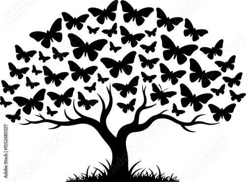 Love Tree with Butterflies Silhouette vector