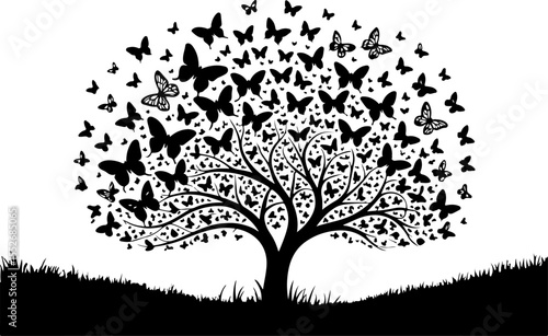 Love Tree with Butterflies Silhouette vector
