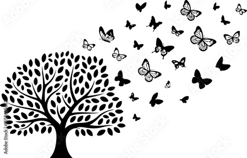 Love Tree with Butterflies Silhouette vector