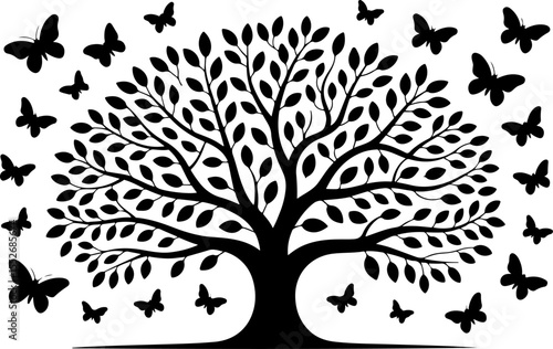 Love Tree with Butterflies Silhouette vector