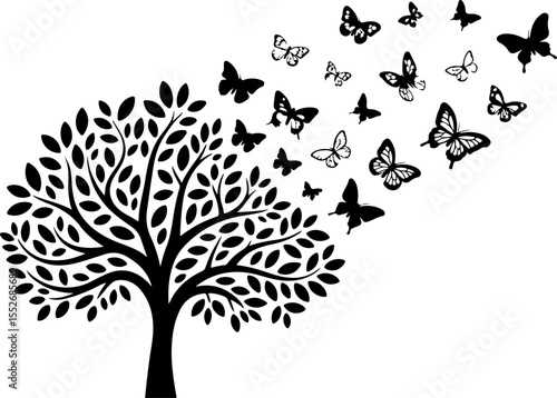 Love Tree with Butterflies Silhouette vector