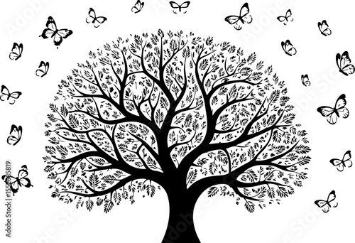 Love Tree with Butterflies Silhouette vector