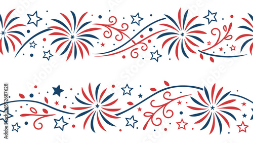 Fourth of July Fireworks with USA Flag and Patriotic Red White and Blue Background