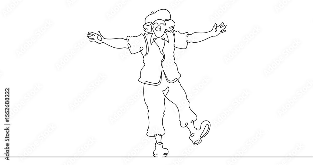 Obraz premium Continuous one line drawing circus clown. A clown in a funny costume performs in a circus. Circus performance. One continuous line isolated minimal illustration.Not AI.