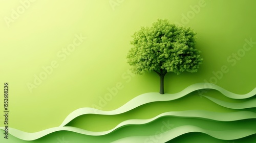Green Hills and a Solo Tree: A vibrant visual showcasing an animated lush green tree atop layered rolling hills, the scene encapsulates concepts of growth, environment, and serenity. 