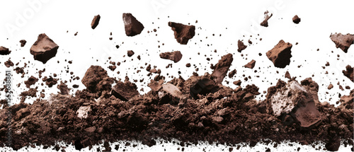 Chunks of brown soil and dirt levitate against a stark black backdrop in this compelling, earthy illustration, transparent background