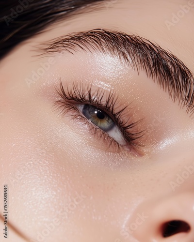 Close up of a beautiful woman's eye with long lashes and flawless skin