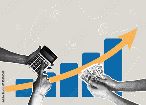 Trendy halftone collage. Financial growth and investment analysis. Concept of savings, sales chart, transactions. Vector illustration