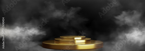 Gold podium with three circular tiers surrounded by dramatic smoke - metallic platform gleaming on dark background, white fog around base, luxury display stand for premium product presentations.