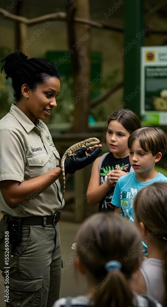 Obraz premium Diverse Zoo Educator Holding Small Animal and Engaging Curious Group for Learning
