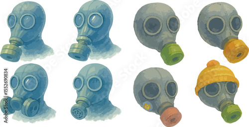 Watercolor Gas Mask Illustrations for War and Survival Colorful Loose Style Tactical Respirators and Emergency Protection Gear | Generative AI