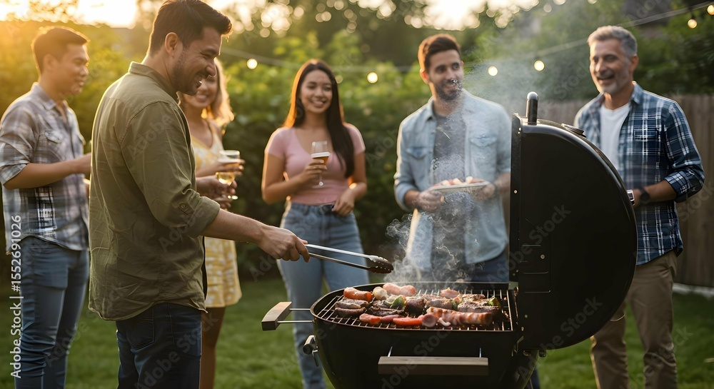 Fototapeta premium Diverse Friends and Family Gathered Casually Around Active Barbecue Grill in Backyard
