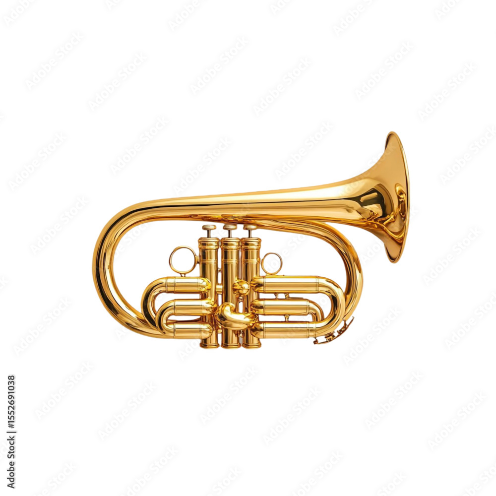 Obraz premium Golden trumpet musical instrument close up view brass valves shiny metallic