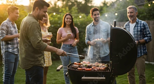 Diverse Friends and Family Gathered Casually Around Active Barbecue Grill in Backyard