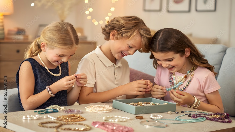 Fototapeta premium Three children making jewelry together at a table with beads bracelets and necklaces visible