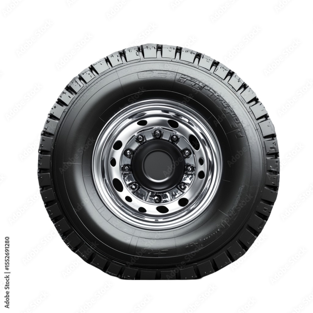 Fototapeta premium Big black tire with shiny chrome rim heavy duty wheel transportation vehicle part