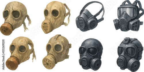 Watercolor Gas Mask Illustrations for War and Survival Colorful Loose Style Tactical Respirators and Emergency Protection Gear | Generative AI