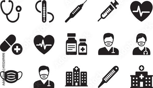 Collection of medical icons including hospital and instruments