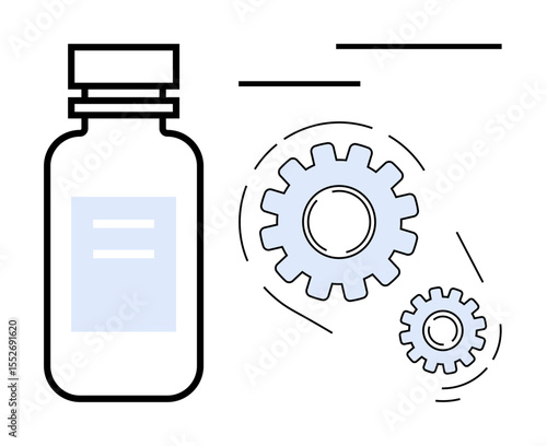Medicine bottle paired with mechanical gears, representing pharmaceutical manufacturing, process improvement, innovation, efficiency, industry advancement, research, health progress. Ideal