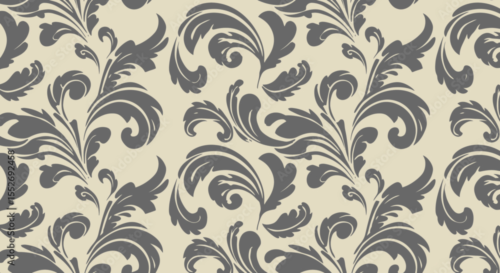 Elegant Damask Pattern with Intricate Floral Elements in Gray and Beige Tones Elegant Damask Pattern with Intricate Floral Elements in Gray and Beige Tones