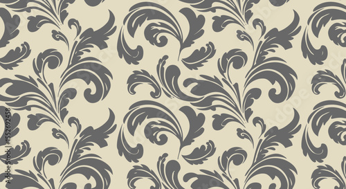 Elegant Damask Pattern with Intricate Floral Elements in Gray and Beige Tones