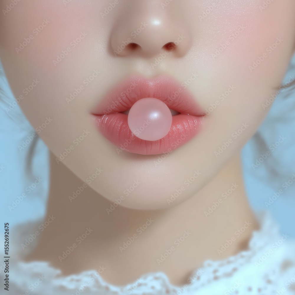 Fototapeta premium Woman shows pink bubblegum against a soft blue pastel background