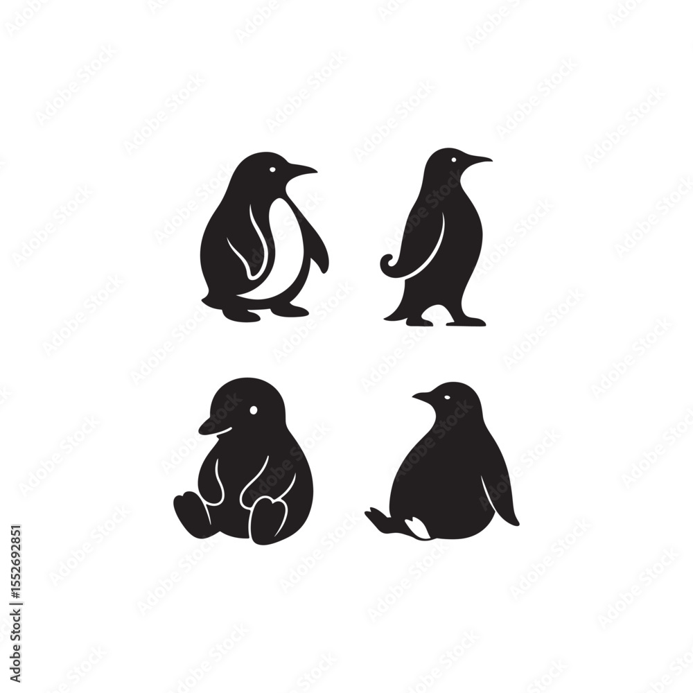 Naklejka premium Four penguin silhouettes in various poses isolated on a white background display design