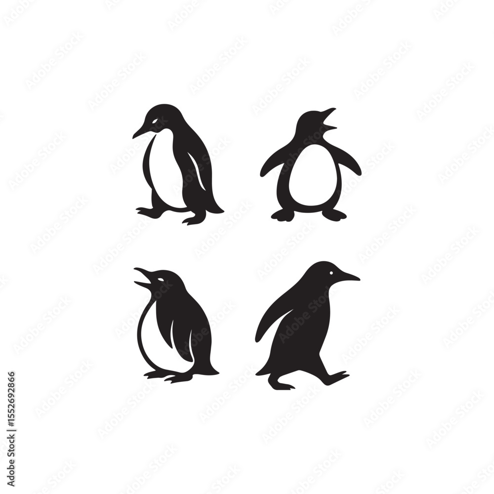Naklejka premium Four penguin silhouettes in various poses against a white background in a simple design