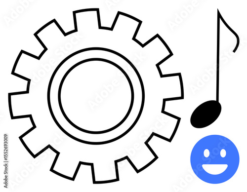 Gear symbolizing mechanics, musical note representing sound, smiling face for positivity. Ideal for innovation, creativity, technology, music, engineering, positivity simple landing page