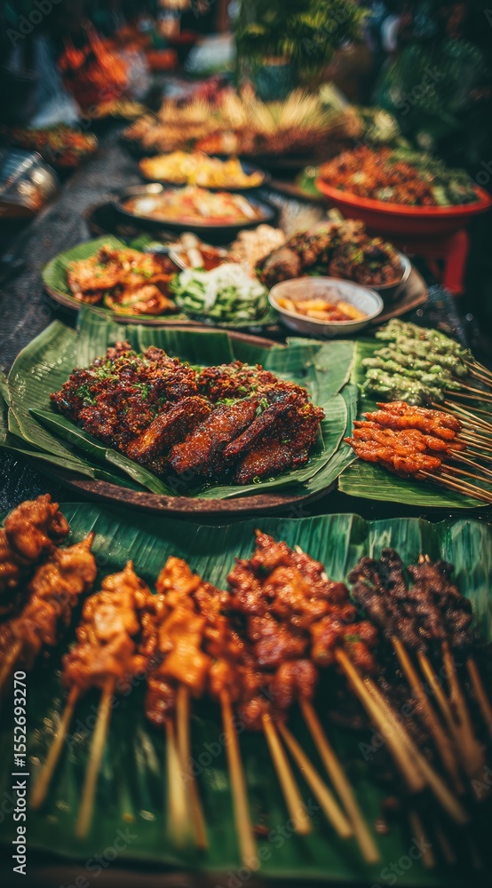 Fototapeta premium A long table displays an array of vibrant, savory Southeast Asian street food dishes, including grilled meats on skewers, served on banana leaves